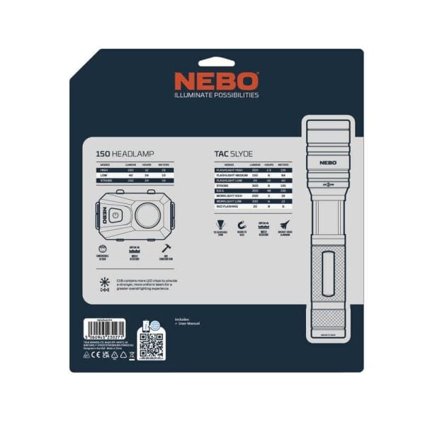 NEBO 6746Tacslyde 300 Lümen Fener + 150 Lümen Kafa Feneri Seti