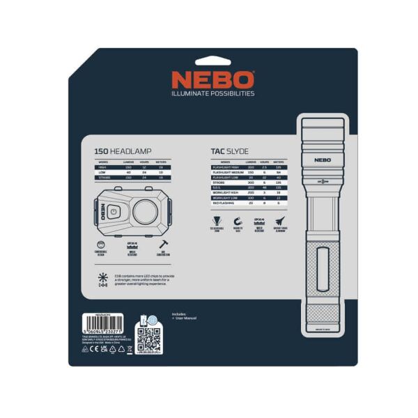 NEBO 6746Tacslyde 300 Lümen Fener + 150 Lümen Kafa Feneri Seti