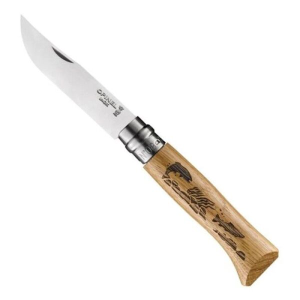 OPINEL Inox No 8 Meşe Saplı Balık Desenli Paslanmaz Çelik