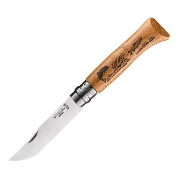OPINEL Inox No 8 Meşe Saplı Balık Desenli Paslanmaz Çelik