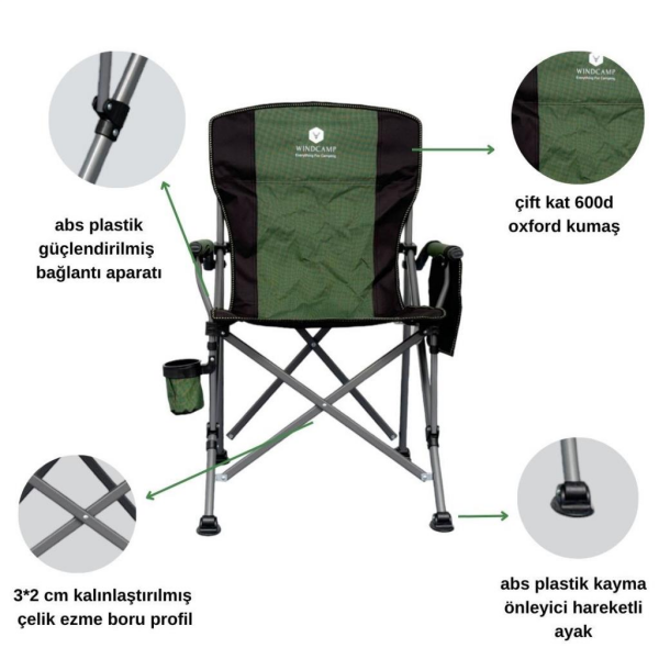 WINDCAMP Katlanır Lüx Kamp Sandalyesi Bardak Tutuculu Yeşil