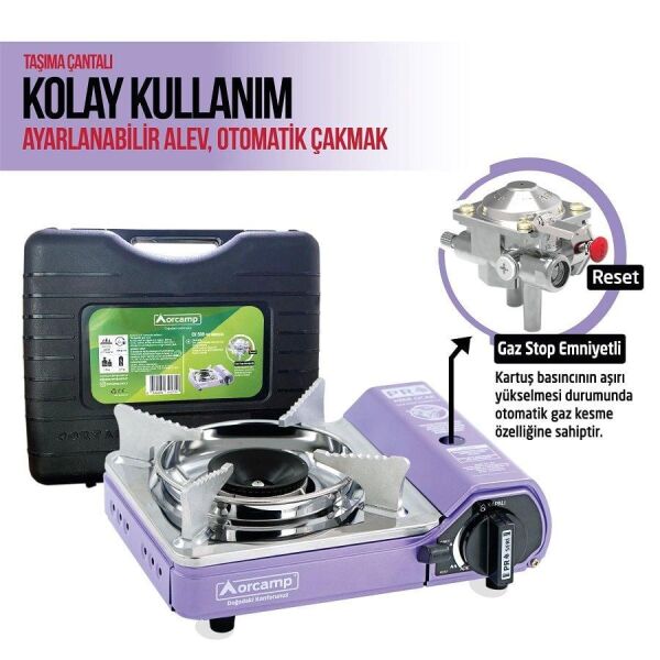 ORCAMP Mini Kamp ve Karavan Ocağı Tekli Portatif (Gaz Stop Emniyetli) - Mor