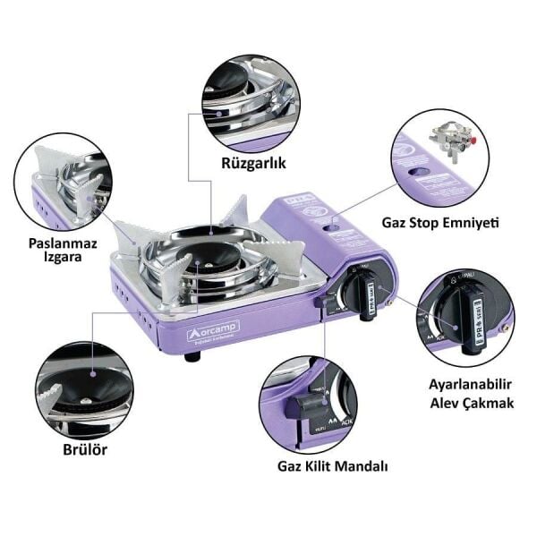 ORCAMP Mini Kamp ve Karavan Ocağı Tekli Portatif (Gaz Stop Emniyetli) - Mor