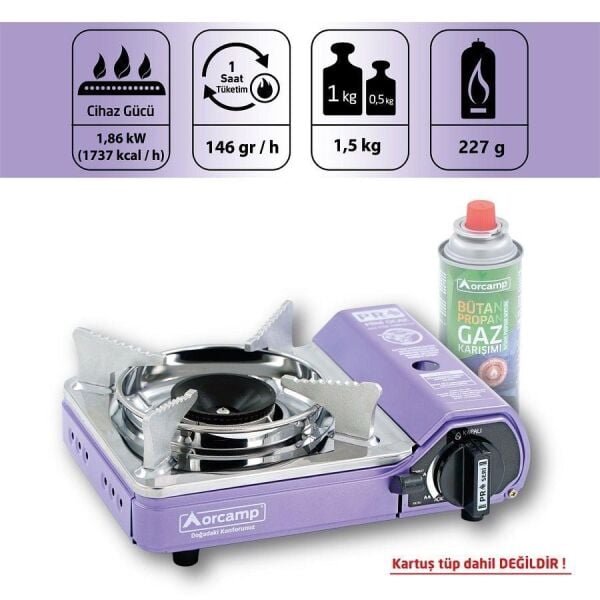 ORCAMP Mini Kamp ve Karavan Ocağı Tekli Portatif (Gaz Stop Emniyetli) - Mor