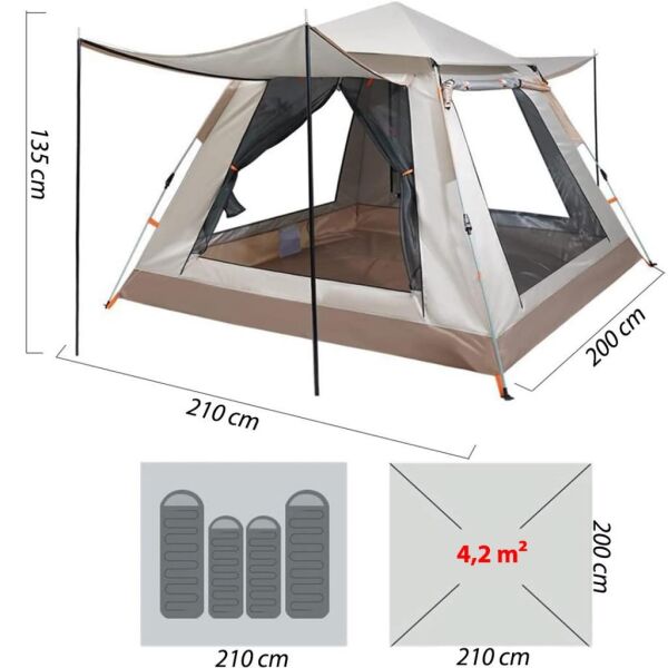 DFT 3 Kişilik Otomatik Çadır 200x200x135cm - Bej/Yeşil