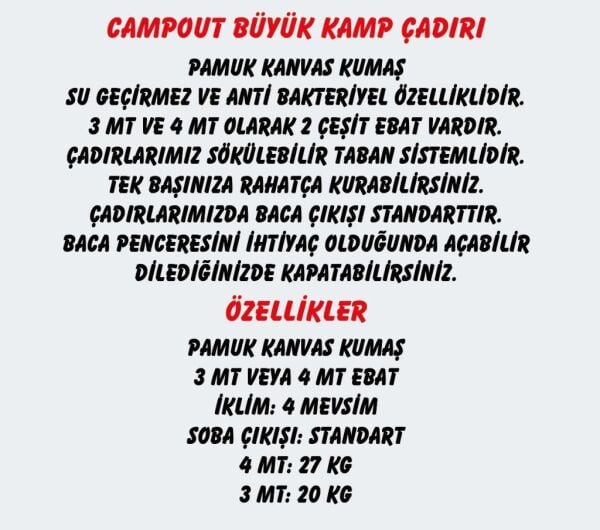 NURGAZ Campout Büyük Kamp Çadırı Kanvas Çadır